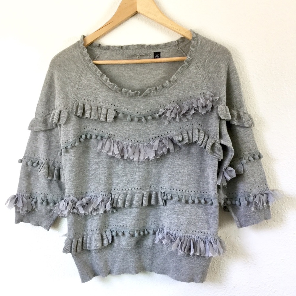 Knitted Knotted Fringe Pom Pom Ruffle Sweater Sz S